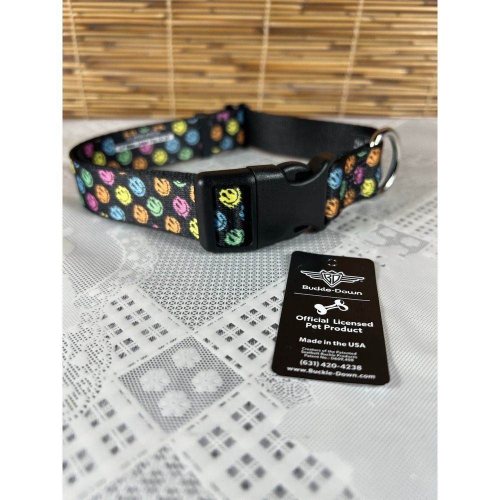 Buckle-down Dog Collar Smiley Faces Melted Mini Repeat Angle Black 15-26" LARGE